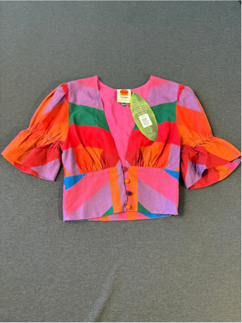 NWT FARM Rio Amanda Stripes Colorful Puff Sleeve Crop Top XS - Picture 6 of 8